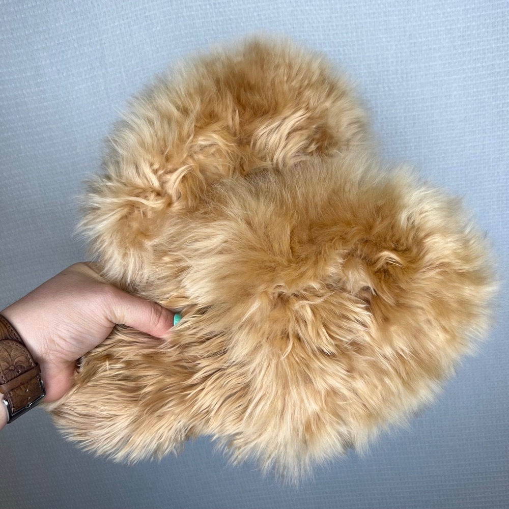 Handmade Alpaca Fur Slippers Tan Fuzzy Shaggy House Shoes Slides Womens 10.5 In